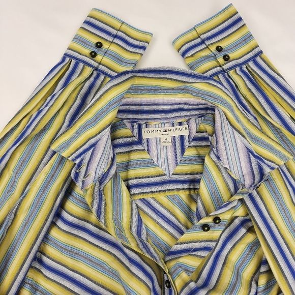 Tommy Hilfiger blouse womens 16 cotton double button diagonal stripe blue yellow - Picture 3 of 16